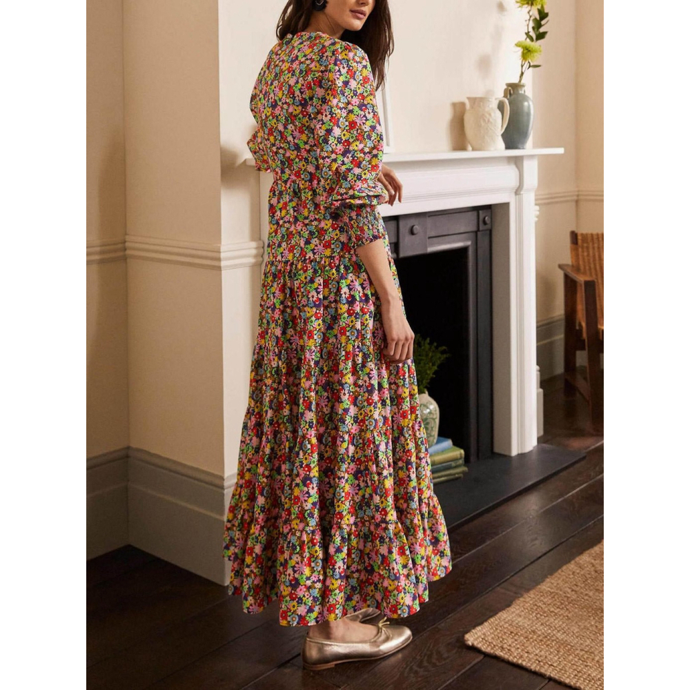 Boden Floral Tiered Midi Dress Black Pink Size 6